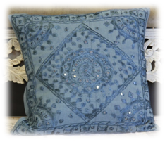 blue hand embroidered mirrored cushion covers